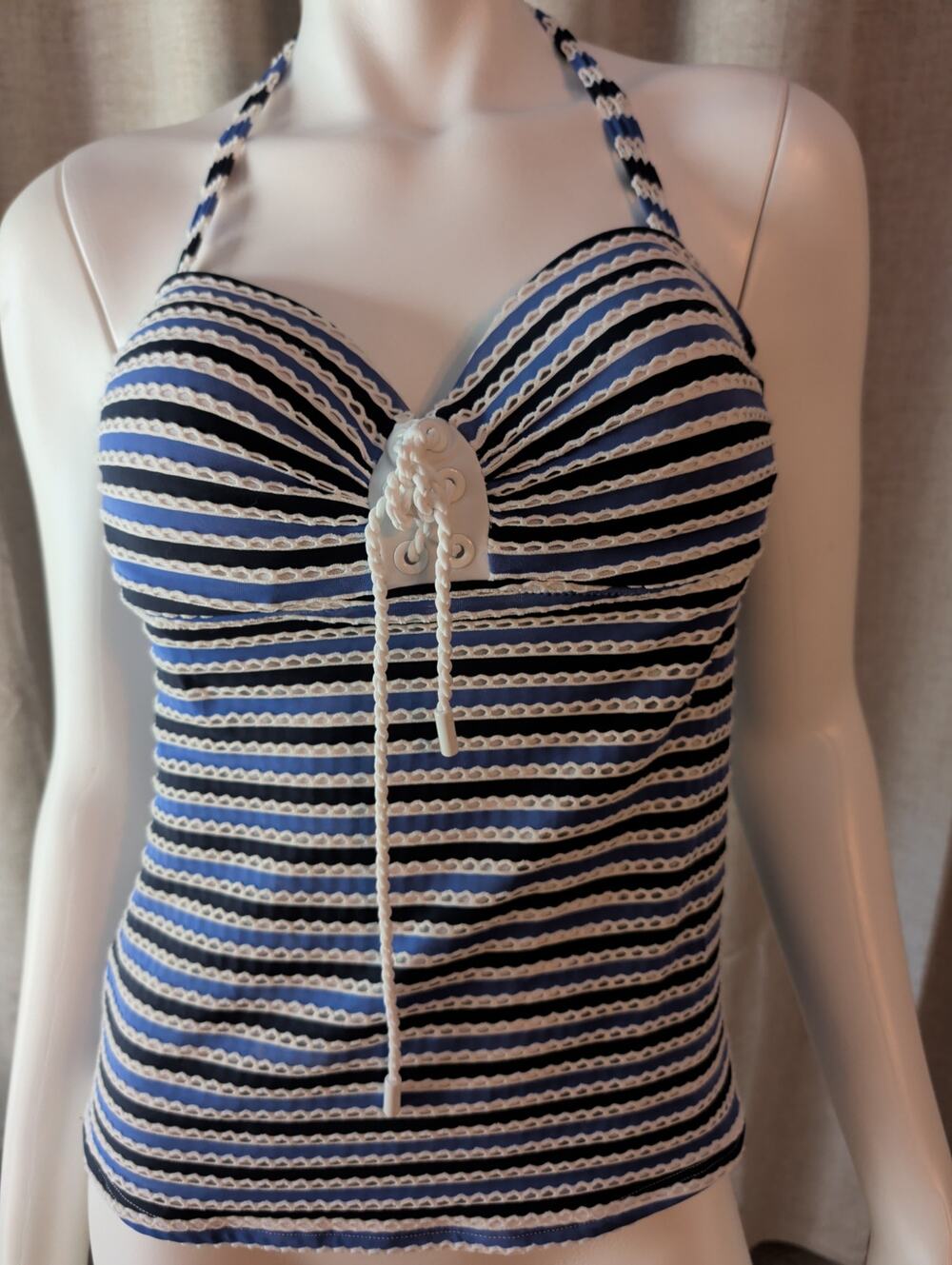 Jessica Simpson Blue White Stripe Halter Tankini Top Underwire Eyelet Size L